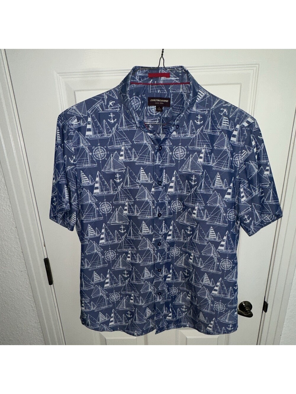 Johnston & Murphy Large Blue Nautical Sailboats Short Sleeve Button Up Shirt Men